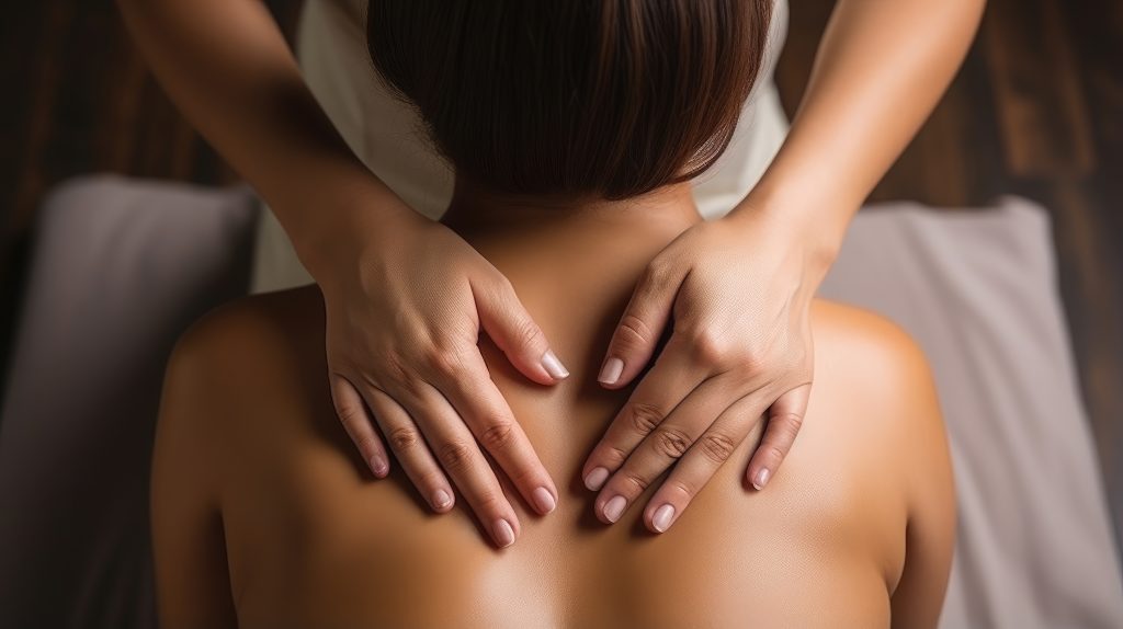 Young woman lies on a massage table for a spa procedure in a beauty salon, rejuvenation, massage therapist, skin care, hands, harmony, head, back, hydration, oils, health, female